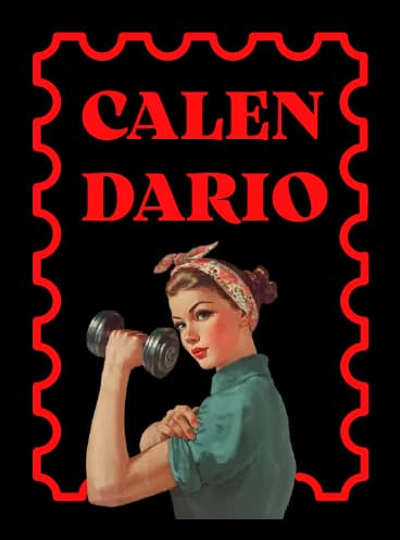 Una estampilla que dice CALENDARIO, con una ilustración de una mujer levantando una pesa