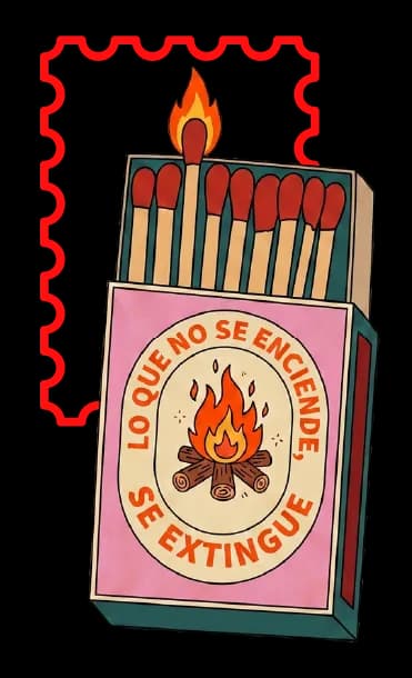 Una caja de fósforos abierta con un fósforo encendido, y en la etiqueta la frase «lo que no se enciende, se extingue»