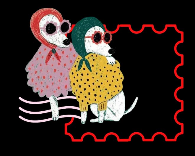 Dos perritas ilustradas con anteojos de sol, abrazadas junto a un marco de estampilla